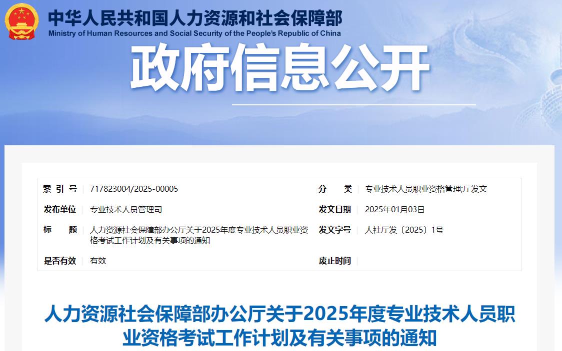 人力资源社会保障部办公厅关于2025年度专业技术人员职业资格考试工作计划及有关事项的通知 人力资源社会保障部办公厅关于2025年度专业技术人员职业资格考试工作计划及有关事项的通知